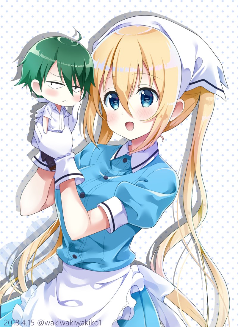 1boy 1girl :d ahoge akizuki_kouyou apron bangs black_apron black_pants blend_s blonde_hair blue_eyes blue_shirt blush brown_footwear closed_mouth collared_shirt commentary_request eyebrows_visible_through_hair frilled_apron frills gloves green_hair hair_between_eyes head_scarf hinata_kaho long_hair looking_at_another looking_away looking_to_the_side miniboy neki_(wakiko) open_mouth pants polka_dot polka_dot_background puffy_short_sleeves puffy_sleeves shirt short_sleeves smile stile_uniform twintails uniform very_long_hair waist_apron waitress white_apron white_background white_gloves