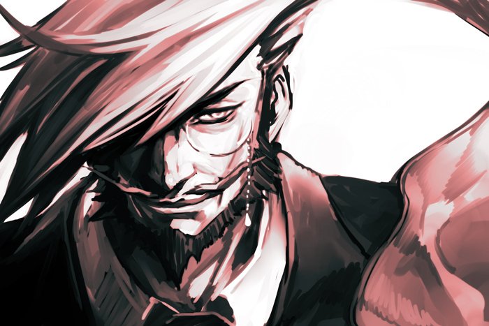 1boy beard closed_mouth collared_shirt commentary_request facial_hair guilty_gear hair_over_one_eye hankuri looking_at_viewer male_focus monochrome monocle mustache one_eye_covered shirt simple_background slayer_(guilty_gear) smile solo white_background wing_collar