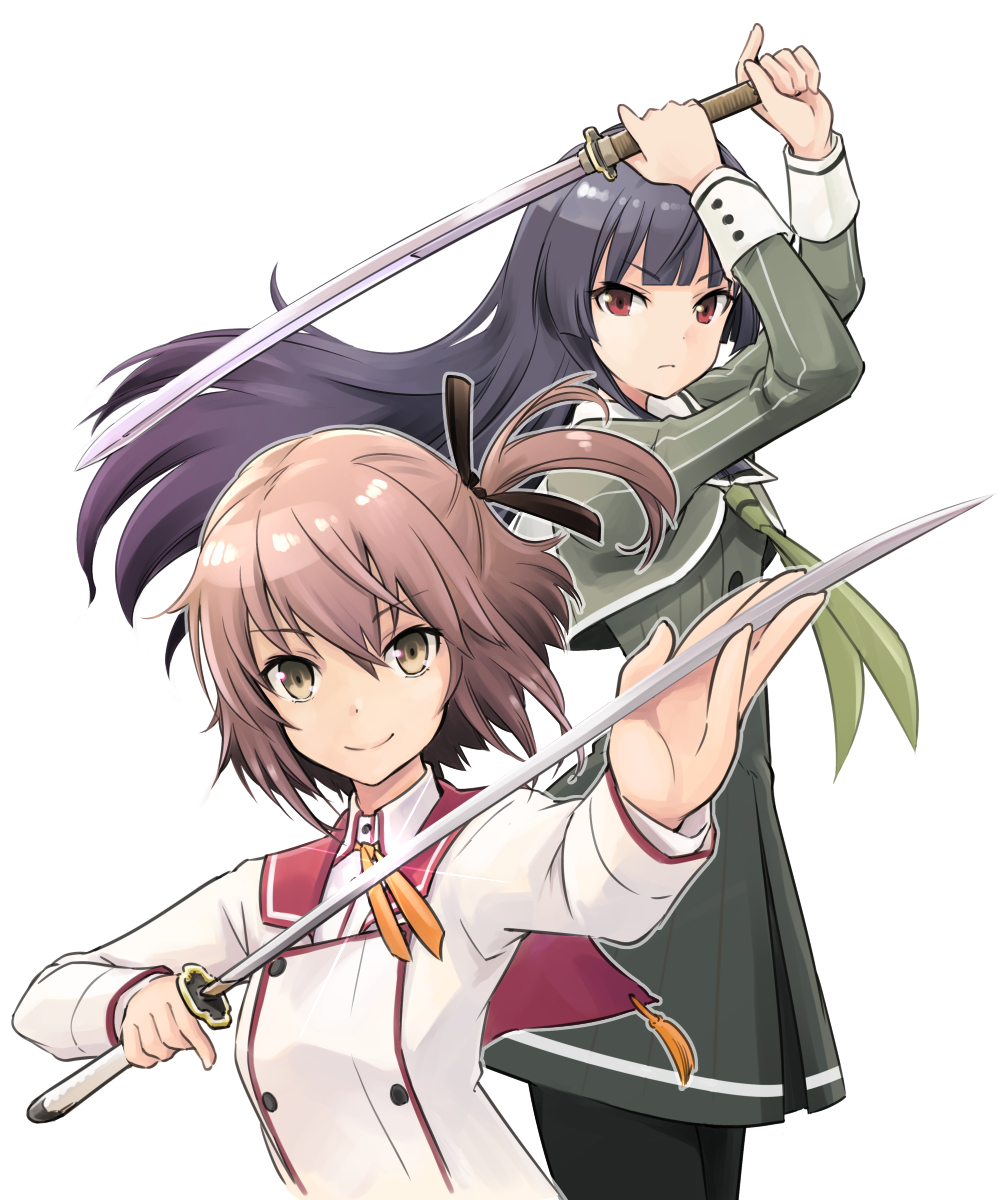 2girls black_hair breasts brown_hair cowboy_shot etou_kanami hair_ribbon highres holding holding_sword holding_weapon juujou_hiyori katana long_hair looking_at_viewer multiple_girls one_side_up pantyhose red_eyes ribbon saitou_sakae school_uniform serafuku simple_background small_breasts smile sword toji_no_miko unsheathed upper_body weapon white_background