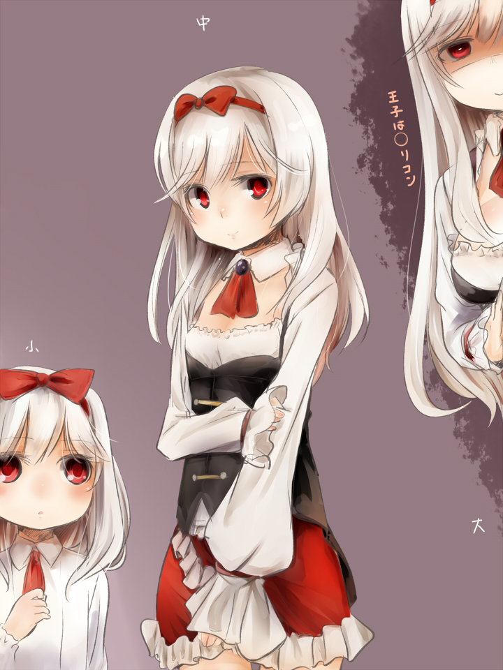 1girl age_progression akino_shuu anna_(sennen_sensou_aigis) blush bow breasts child cleavage flat_chest hair_bow hairband large_breasts long_hair long_sleeves looking_at_viewer multiple_views red_bow red_eyes sennen_sensou_aigis simple_background small_breasts smile standing white_hair younger