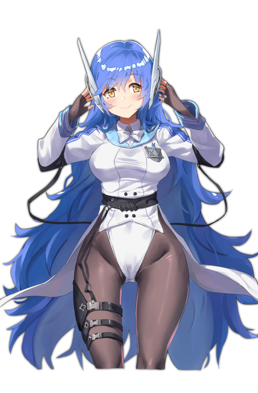 1girl arm_strap bangs belt black_gloves black_legwear blue_hair blush bow breasts closed_mouth electriccross eyebrows_visible_through_hair fingerless_gloves girls_frontline gloves gluteal_fold groin hair_between_eyes hands_on_headwear headgear highres jacket large_breasts leotard long_hair looking_at_viewer messy_hair neck_bow pantyhose sidelocks simple_background smile solo standing tar-21_(girls_frontline) thigh_strap very_long_hair white_background white_bow white_leotard yellow_eyes