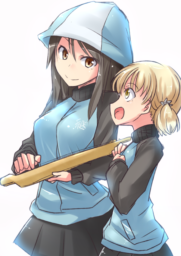 :d aki_(girls_und_panzer) alternate_eye_color bangs blue_hat blue_jacket blue_skirt brown_eyes brown_hair closed_mouth commentary_request emblem eyebrows_visible_through_hair girls_und_panzer hair_tie hat holding holding_instrument instrument jacket kantele keizoku_military_uniform kitayama_miuki light_brown_hair long_hair long_sleeves looking_at_another mika_(girls_und_panzer) military military_uniform miniskirt open_mouth pleated_skirt raglan_sleeves short_hair short_twintails simple_background skirt smile standing track_jacket twintails uniform upper_body white_background yellow_eyes