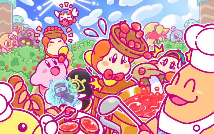 /\/\/\ 1boy baguette baseball_cap basket beanie black_eyes blonde_hair blue_hat blue_sky blush_stickers bow bowtie bread bush chef_kawasaki commentary_request como_(kirby) driblee festival_bird food fruit green_hat hat jammerjab jar kirby kirby_(series) ladle nesp official_art pot red_neckwear sky smile spider strawberry sugar tripping vividria waddle_dee