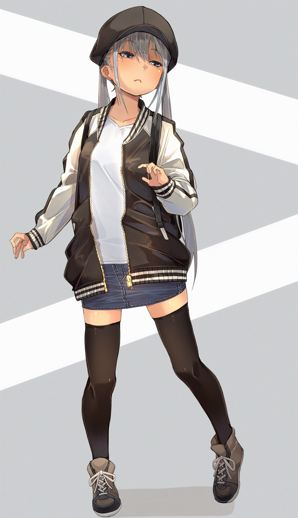 1girl black_legwear blue_eyes blush brown_footwear closed_mouth commentary_request contrapposto eyebrows_visible_through_hair fu-ta full_body grey_hair hat highres long_hair long_sleeves looking_at_viewer miniskirt original shirt shoes silver_hair skirt solo standing standing_on_one_leg thigh-highs twintails very_long_hair white_hair white_shirt zettai_ryouiki