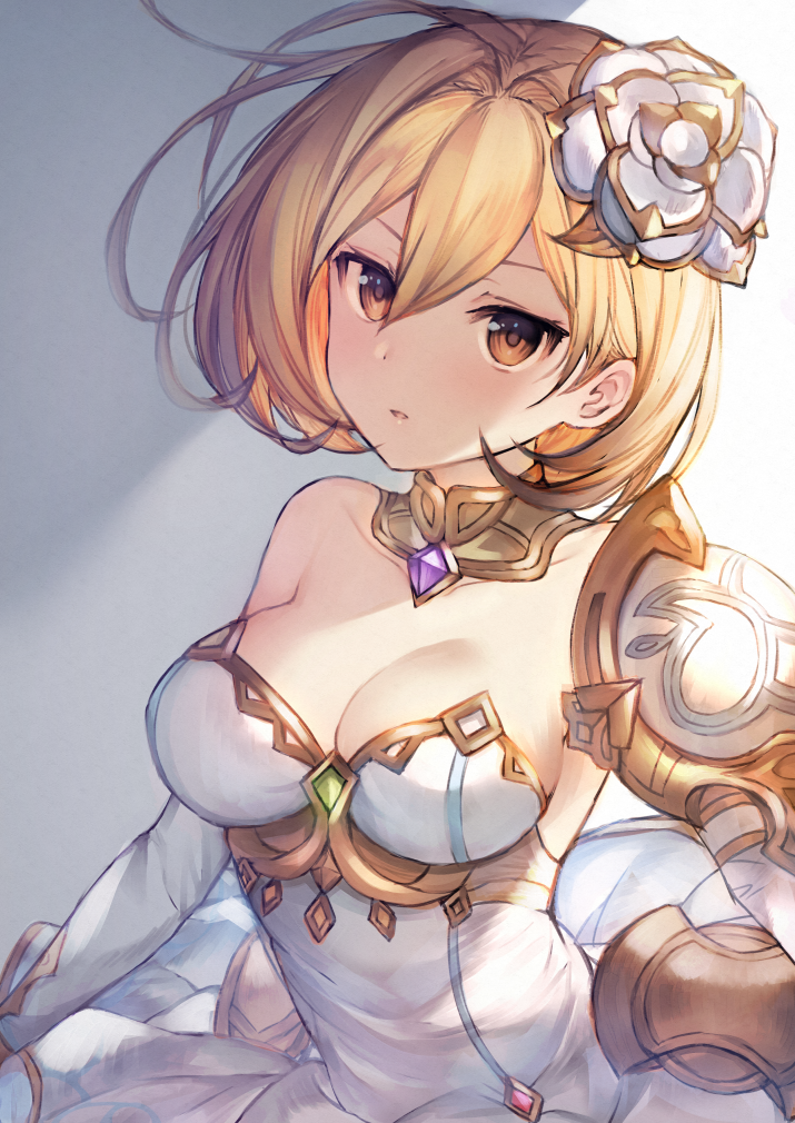 1girl blonde_hair breasts brown_eyes cleavage collarbone detached_collar djeeta_(granblue_fantasy) dress flower granblue_fantasy hair_between_eyes hair_flower hair_ornament large_breasts long_sleeves looking_at_viewer narusegawa_riko short_hair solo strapless strapless_dress the_glory upper_body white_dress white_flower