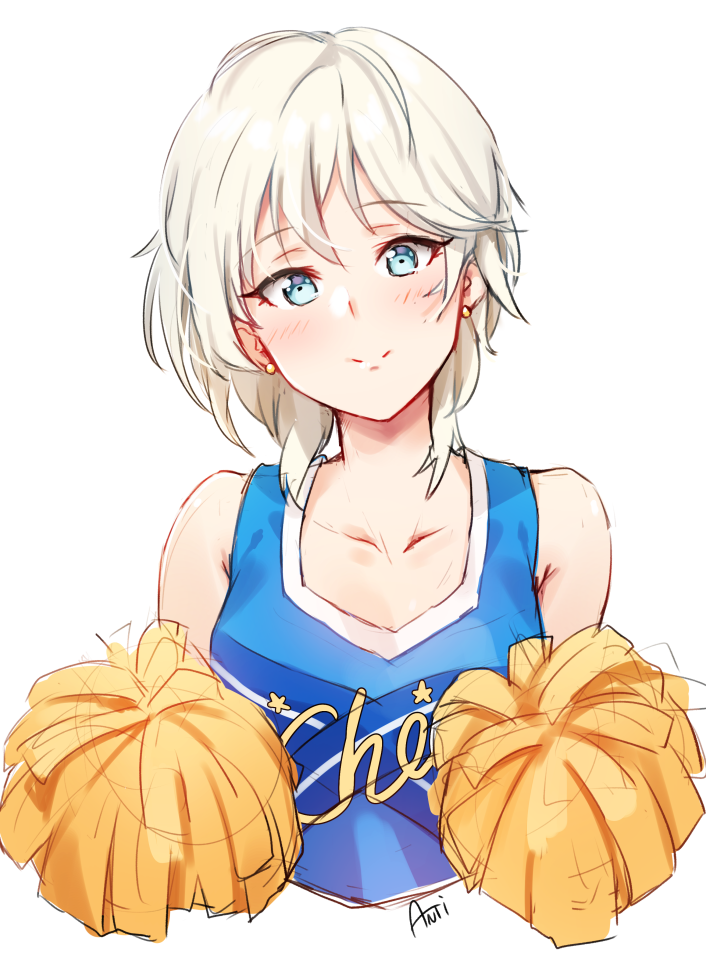 1girl anastasia_(idolmaster) blue_eyes blue_shirt blush cheerleader collarbone cropped_torso deneb_(noble324) earrings eyebrows_visible_through_hair hair_between_eyes head_tilt idolmaster idolmaster_cinderella_girls jewelry looking_at_viewer pom_poms shirt signature silver_hair simple_background sketch sleeveless sleeveless_shirt solo upper_body white_background