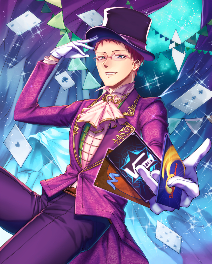 1boy black_hat card copyright_request glasses gloves hand_up hat heart heart-shaped_pupils ito_mijinko looking_at_viewer male_focus pink_hair puplre_pants smile solo standing string_of_flags symbol-shaped_pupils top_hat white_gloves