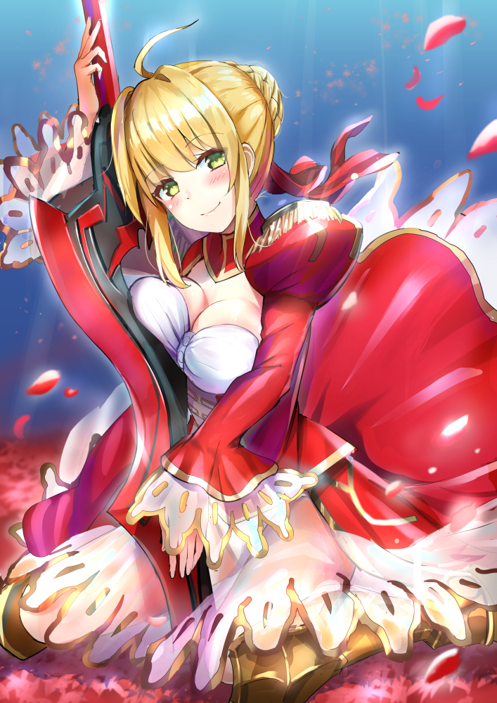 1girl aestus_estus armored_boots bangs blonde_hair blue_sky blush boots braid breast_press breasts cleavage closed_mouth commentary_request dress eyebrows_visible_through_hair fate/extra fate_(series) green_eyes hair_bun head_tilt holding holding_sword holding_weapon juliet_sleeves large_breasts long_sleeves looking_at_viewer metal_boots nero_claudius_(fate) nero_claudius_(fate)_(all) outdoors petals puffy_sleeves qian_wu_atai red_dress see-through sky smile solo sword weapon wide_sleeves