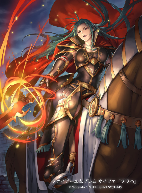 1girl armored_boots black_armor boots breasts cleavage clouds cloudy_sky cuboon fire fire_emblem fire_emblem:_souen_no_kiseki floating_hair from_below gauntlets green_hair holding holding_weapon horse large_breasts lips lipstick long_hair looking_at_viewer makeup night outdoors parted_lips polearm prague_(fire_emblem) red_eyes red_lips riding sky solo spaulders spear very_long_hair weapon