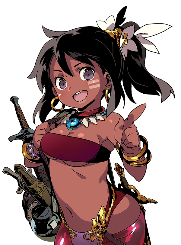 1girl bag black_eyes black_hair bracelet breasts dark_skin earrings facial_mark high_ponytail himukai_yuuji index_finger_raised jewelry long_hair looking_at_viewer magatama medium_breasts navel neck_ring official_art open_mouth sekaiju_no_meikyuu sheath sheathed shilleka shoulder_bag simple_background solo strapless sword tubetop upper_teeth weapon white_background