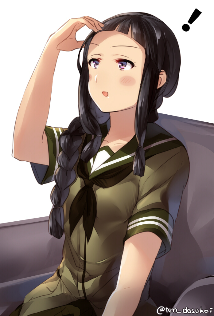 1girl armchair blush breasts chair commentary_request green_shirt green_skirt juurouta kantai_collection kitakami_(kantai_collection) long_hair neckerchief ponytail school_uniform serafuku shirt simple_background skirt small_breasts solo twintails violet_eyes white_background