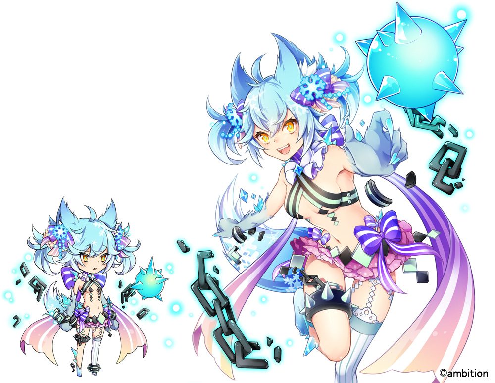 1girl :d aki_no_jikan animal_ears arms_at_sides ass ball_and_chain_restraint bare_shoulders blue_bow bow breasts broken broken_chain chains claws grey_hair hair_ornament looking_at_viewer maru-kichi midriff multiple_views navel official_art open_mouth short_twintails single_thighhigh small_breasts smile snowflake_hair_ornament standing standing_on_one_leg tail thigh-highs twintails watermark white_legwear wolf_tail yellow_eyes