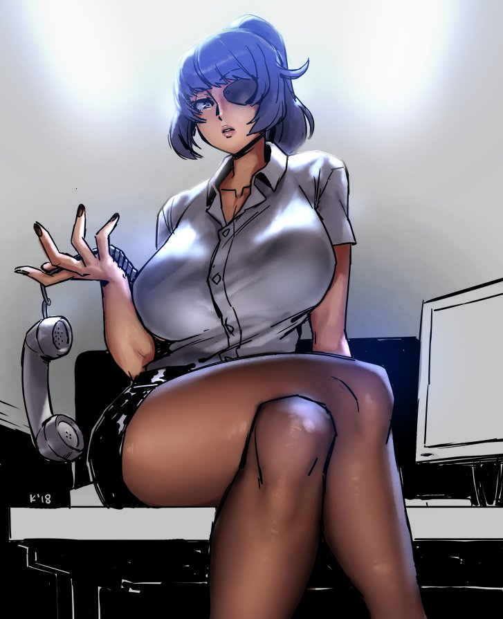 breasts collarbone collared_shirt desk dress_shirt eu03 eyepatch from_below grey_eyes hair_intakes holding holding_phone huge_breasts miniskirt monitor nail office office_lady on_desk original pantyhose phone ponytail purple_hair shirt sitting sitting_on_desk skirt thick_thighs thighs