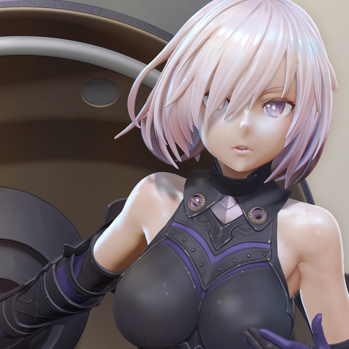 1girl 3d armor bare_shoulders black_armor boots breasts fate/grand_order fate_(series) gauntlets greaves hair_over_one_eye leslyzerosix mash_kyrielight medium_breasts purple_hair shield short_hair solo violet_eyes