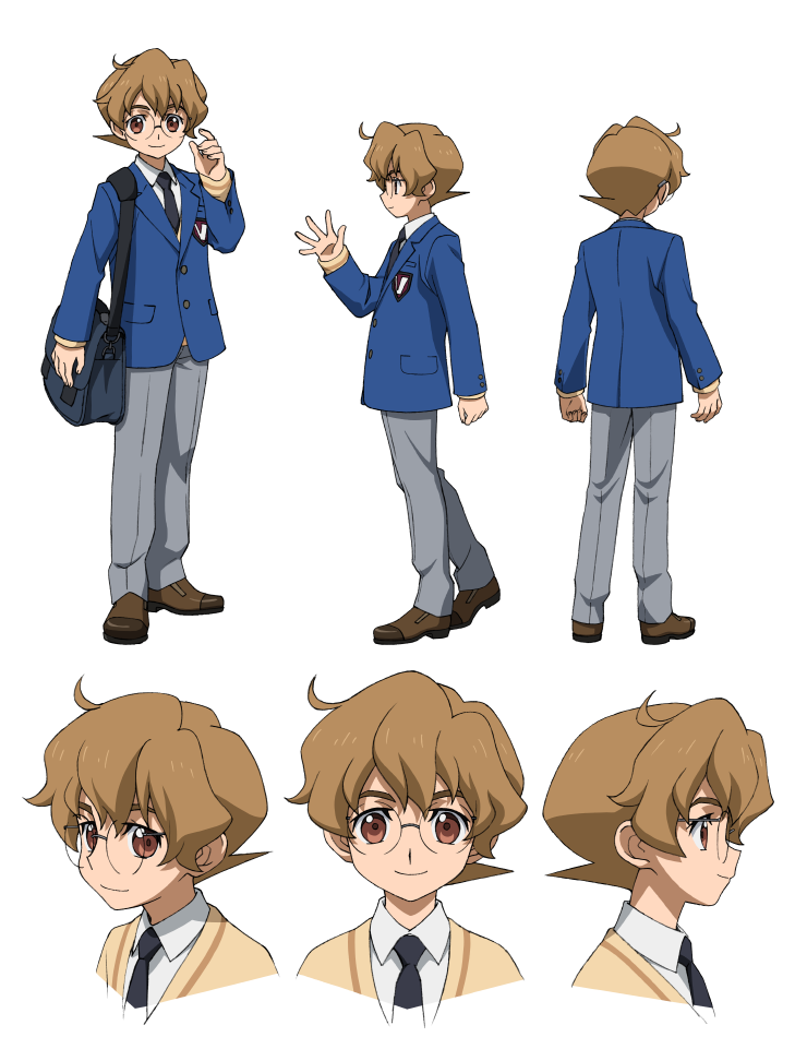 1boy bag brown_eyes brown_hair glasses gundam gundam_build_divers hidaka_yukio jacket male_focus necktie official_art school_bag school_uniform smile solo sweater