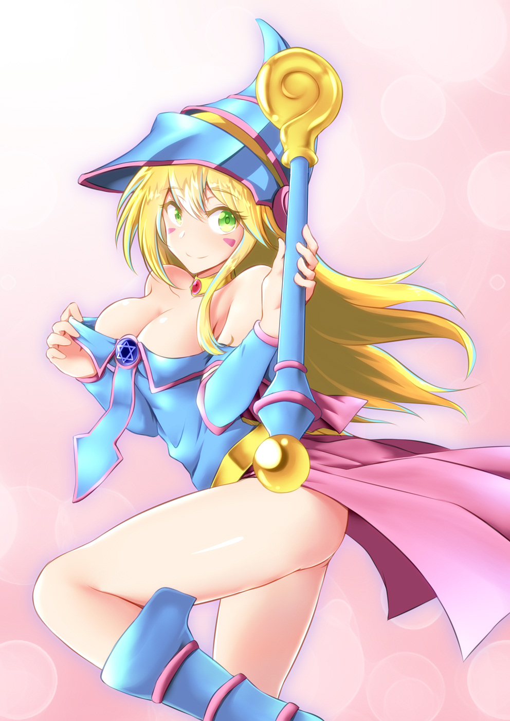 1girl ass bare_shoulders blonde_hair blue_footwear blush_stickers boots breasts choker cleavage dark_magician_girl duel_monster green_eyes hat hexagram highres large_breasts long_hair pentacle pentagram solo staff thighs wand wizard_hat yamauchi_(conan-comy) yu-gi-oh! yuu-gi-ou_duel_monsters