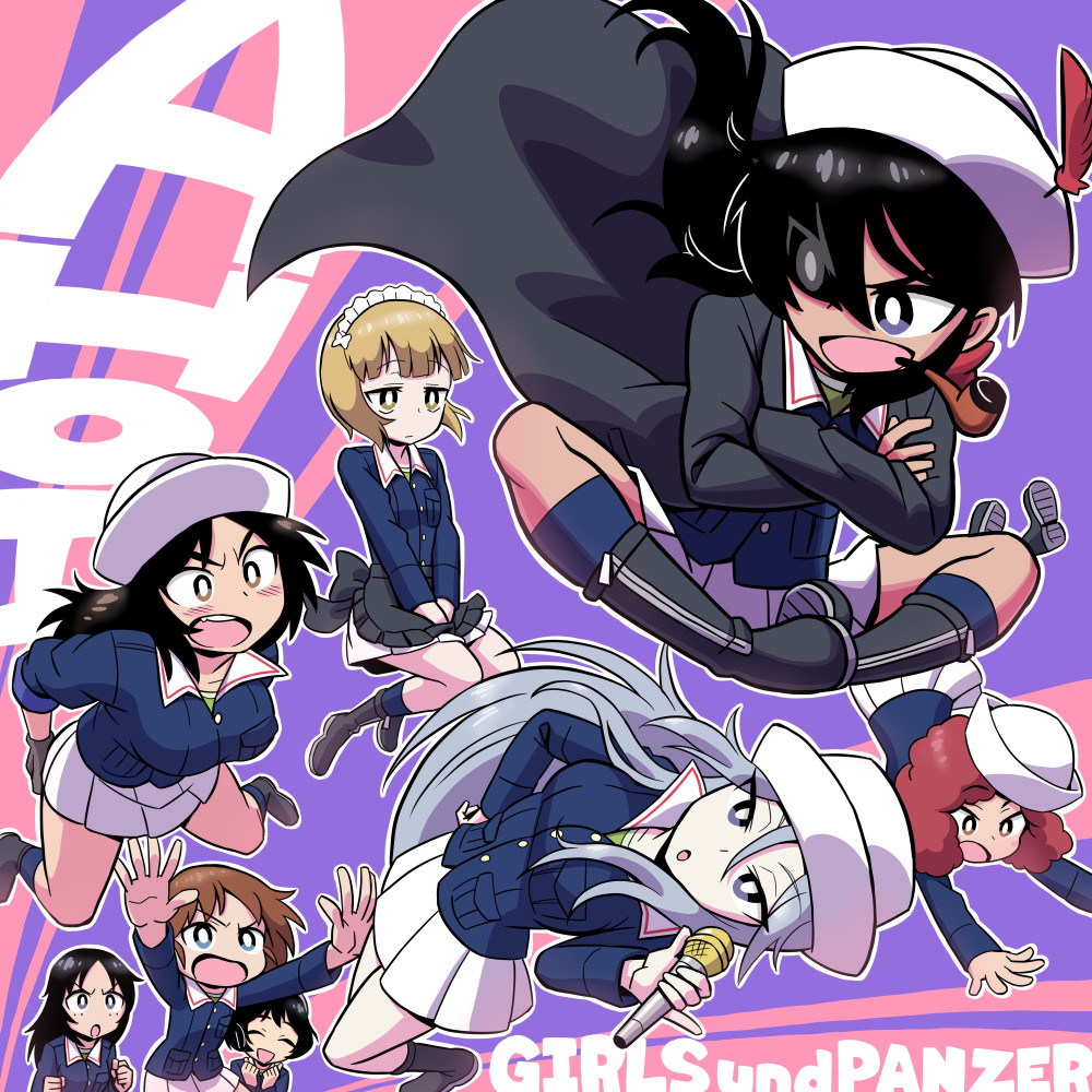 6+girls :o bangs black_eyes black_footwear black_hair black_legwear blonde_hair blue_eyes blue_jacket blush boots clenched_hands closed_mouth commentary_request copyright_name covering covering_ass crossed_arms curly_hair cutlass_(girls_und_panzer) dark_skin dixie_cup_hat english flint_(girls_und_panzer) flying freckles girls_und_panzer green_shirt grey_eyes grey_hair hair_over_one_eye hand_on_hip hat hat_feather holding holding_microphone indian_style jacket light_frown long_hair long_sleeves looking_at_another looking_at_viewer looking_back maid_headdress microphone military military_hat military_uniform miniskirt mouth_hold multiple_girls murakami_(girls_und_panzer) ogin_(girls_und_panzer) ooarai_military_uniform open_mouth outstretched_arms pinky_out pipe pleated_skirt redhead rum_(girls_und_panzer) sakaguchi_karina shirai_keita shirt short_hair sitting skirt skirt_tug smile socks uniform utsugi_yuuki white_hat white_skirt yamagou_ayumi yellow_eyes zipper