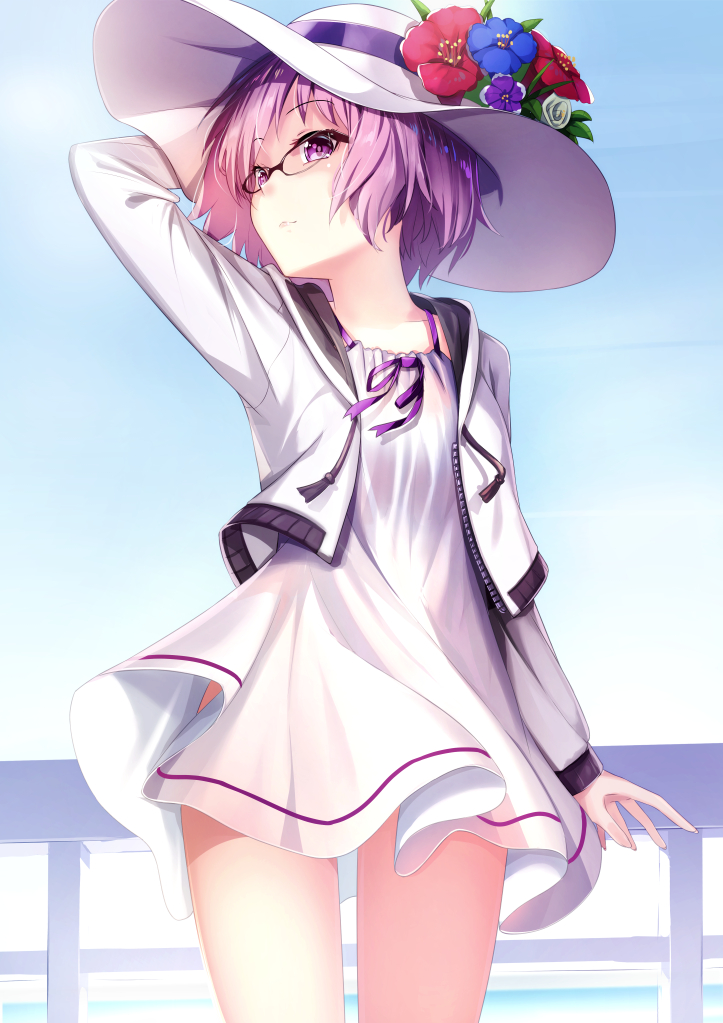 1girl arm_behind_head arm_up black-framed_eyewear blue_flower blue_sky blush closed_mouth cowboy_shot cropped_jacket day drawing dress eyebrows_visible_through_hair fate/grand_order fate_(series) flower glasses hat hat_flower hibiscus jacket long_sleeves looking_away looking_to_the_side mash_kyrielight open_clothes open_jacket outdoors over-rim_eyewear pink_hair purple_flower purple_ribbon purple_rose railing red_flower ribbon rose semi-rimless_eyewear short_hair sky smile solo standing sun_hat tassel thighs unzipped violet_eyes white_dress white_flower white_hat white_jacket white_rose yan_(nicknikg)