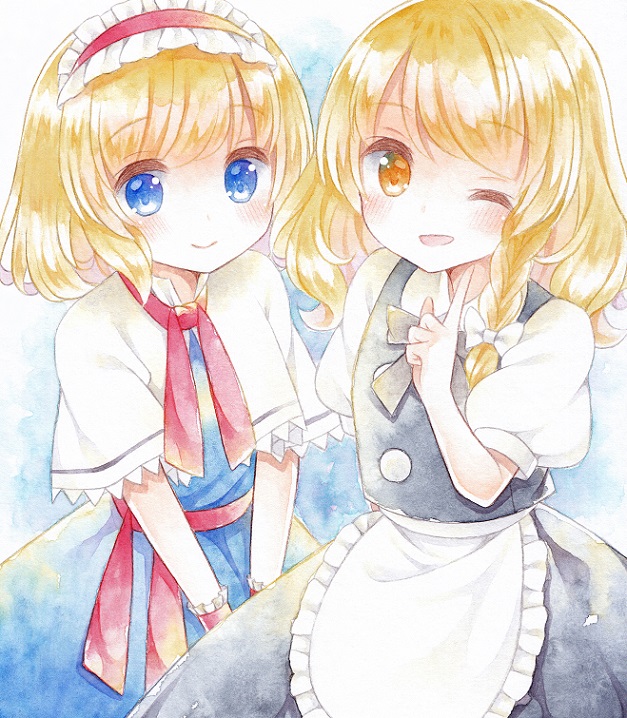 2girls alice_margatroid apron black_ribbon black_skirt black_vest blonde_hair blue_background blue_dress blue_eyes blush braid capelet cowboy_shot dress finger_to_chin gradient gradient_background hair_ribbon hairband hand_up index_finger_raised kagome_f kirisame_marisa lolita_hairband long_hair looking_at_viewer multiple_girls no_headwear one_eye_closed orange_eyes parted_lips puffy_short_sleeves puffy_sleeves red_ribbon ribbon sash short_hair short_sleeves side-by-side simple_background single_braid skirt smile touhou traditional_media tress_ribbon v_arms vest waist_apron watercolor_(medium) white_capelet wrist_cuffs