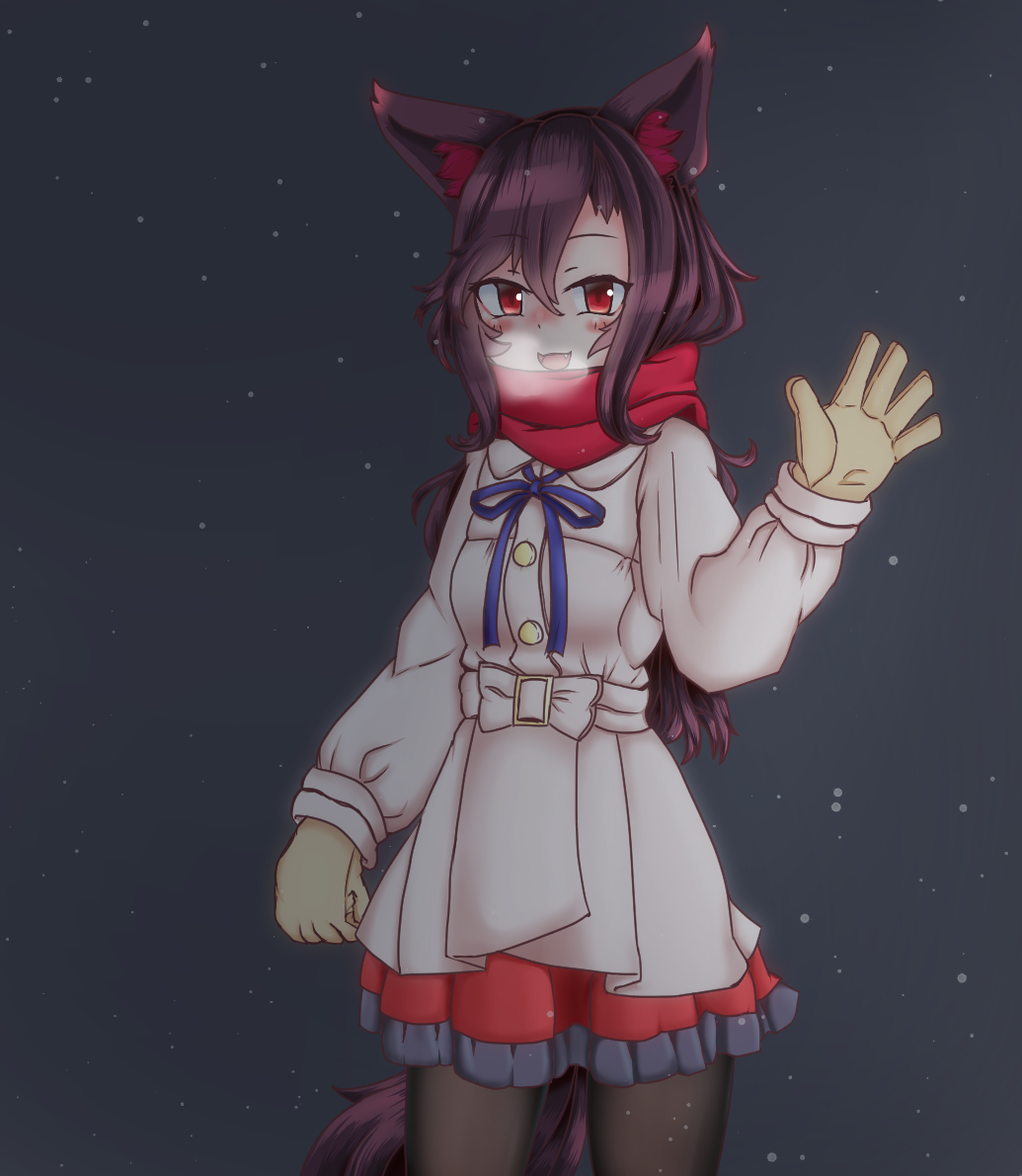 1girl :d animal_ears breath brown_hair coat commentary_request fang frilled_skirt frills gloves haruirokomici imaizumi_kagerou long_hair long_sleeves looking_at_viewer open_mouth pantyhose red_eyes scarf skirt smile snowing tail touhou wolf_ears wolf_tail
