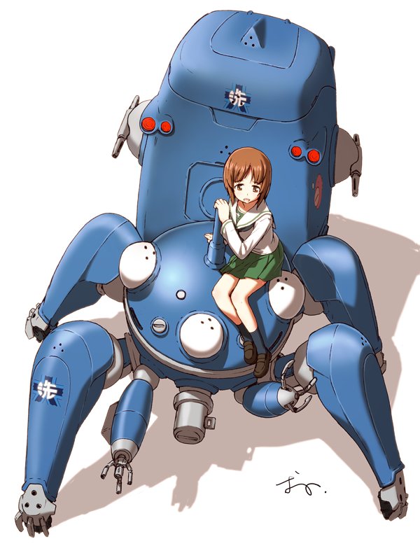 1girl anglerfish arm_support artist_name bangs black_legwear black_neckwear blouse brown_eyes brown_footwear brown_hair commentary_request emblem ghost_in_the_shell ghost_in_the_shell_stand_alone_complex girls_und_panzer green_skirt holding light_smile loafers long_sleeves mecha miniskirt neckerchief nishizumi_miho ooarai_(emblem) ooarai_school_uniform oono_tsutomu open_mouth pleated_skirt riding robot school_uniform serafuku shadow shoes short_hair signature simple_background sitting skirt socks solo tachikoma white_background white_blouse