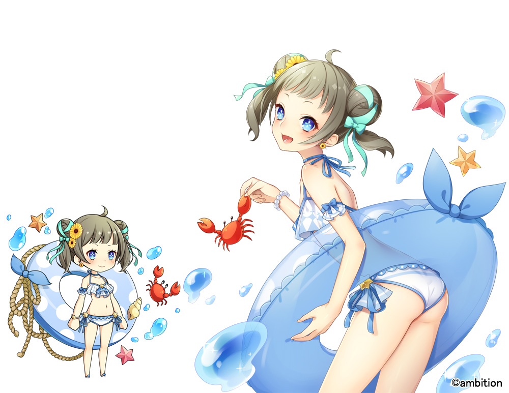 +_+ 1girl :d ahoge aki_no_jikan animal aqua_ribbon arms_at_sides bare_shoulders bikini_top blue_eyes blue_swimsuit blush bracelet brown_hair crab double_bun earrings flower hair_flower hair_ornament hair_ribbon holding holding_animal innertube jewelry leaning_forward looking_at_viewer maru-kichi medium_hair multiple_views navel official_art open_mouth pearl_bracelet ribbon rope short_twintails smile standing swimsuit twintails water watermark