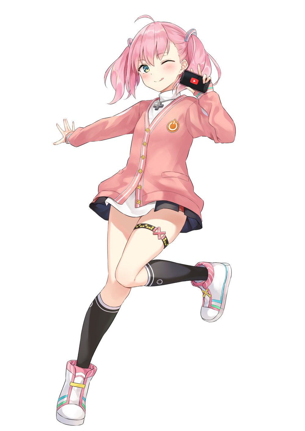 1girl ;q azuuru bangs black_legwear blush cardigan closed_mouth cross eyebrows_visible_through_hair full_body game_club_project green_eyes hand_up highres kneehighs looking_at_viewer official_art one_eye_closed pink_hair play_button power_symbol sakuragi_miria school_uniform shoes simple_background smile sneakers solo thigh_strap tongue tongue_out twintails v virtual_youtuber white_background