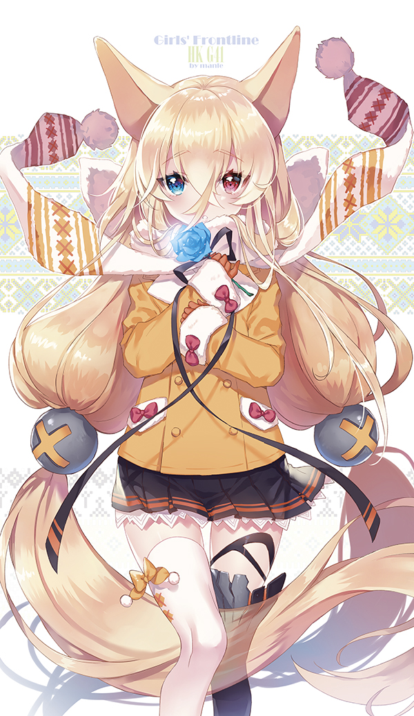 1girl animal_ears artist_name bangs black_legwear black_ribbon black_skirt blue_eyes blue_flower blue_rose blush bow cat_ears character_name commentary copyright_name eyebrows_visible_through_hair flower fur-trimmed_sleeves fur_trim g41_(girls_frontline) girls_frontline gloves hair_between_eyes hair_ornament hands_up heterochromia jacket long_sleeves looking_at_viewer manle mismatched_legwear orange_bow orange_gloves orange_jacket parted_lips pleated_skirt pom_pom_(clothes) red_eyes ribbon rose scarf skirt sleeves_past_wrists solo thigh-highs white_legwear white_scarf