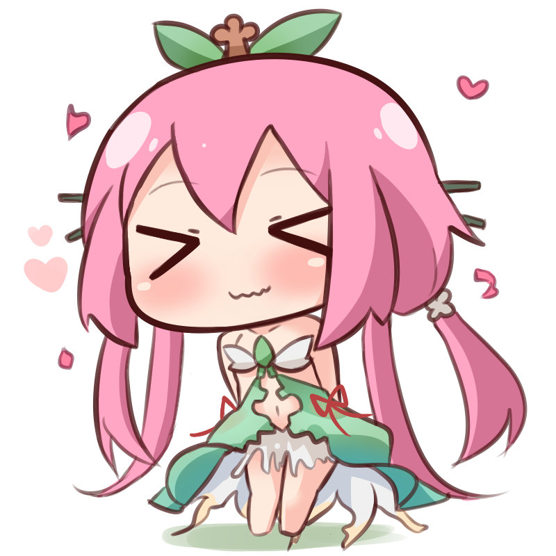 &gt;_&lt; 1girl bangs bare_arms bare_shoulders barefoot blush breasts closed_eyes closed_mouth collarbone commentary_request dress eyebrows_visible_through_hair facing_viewer full_body granblue_fantasy green_dress hair_between_eyes hair_ornament hana_kazari heart leaf long_hair low_twintails navel pink_hair plant_girl small_breasts smile solo standing strapless strapless_dress twintails very_long_hair wavy_mouth yggdrasil_(granblue_fantasy)
