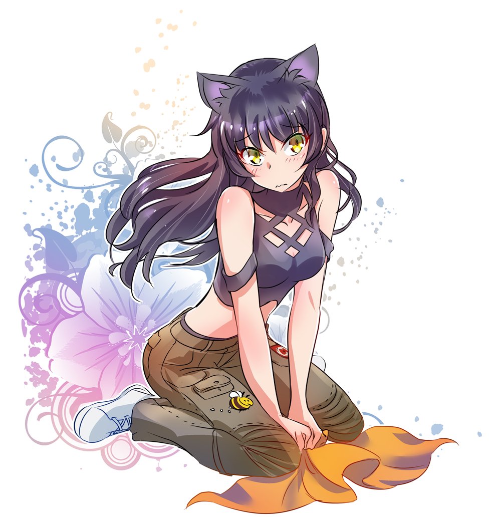 1girl animal_ears black_hair blake_belladonna bow cargo_pants cat_ears hair_bow iesupa kneeling midriff pants rwby solo