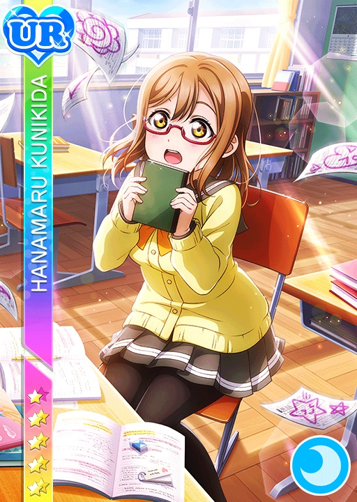 blush brown_eyes brown_hair character_name classroom glasses kunikida_hanamaru long_hair love_live!_school_idol_festival love_live!_sunshine!! official_art open_book school_uniform seifuku smile