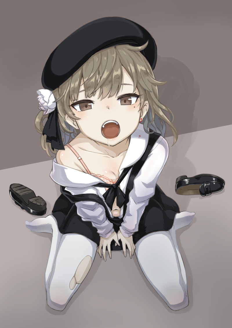 1girl bare_shoulders beret black_footwear black_hat black_ribbon black_skirt blood blush bra breasts brown_eyes brown_hair collarbone collared_shirt commentary_request drooling flower hair_flower hair_ornament hair_rings hat hatoba_tsugu hatoba_tsugu_(character) loafers long_sleeves looking_at_viewer mole mole_under_eye navel off_shoulder open_clothes open_mouth open_shirt pantyhose pink_bra plaid plaid_bra ribbon rose saliva shirt shoes shoes_removed sitting skirt small_breasts solo strap_slip suspender_skirt suspenders torn_clothes torn_pantyhose underwear virtual_youtuber wariza white_flower white_legwear white_rose white_shirt zaxwu