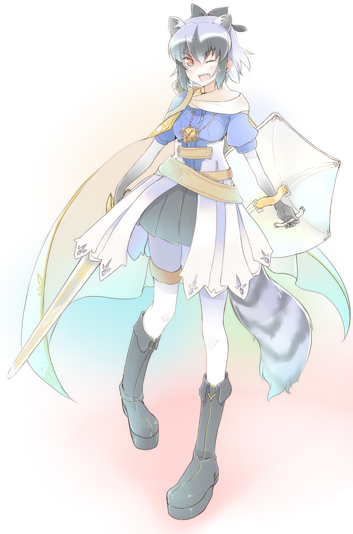 1girl :d adapted_costume amai_nekuta animal_ears black_bow black_footwear black_skirt boots bow cape common_raccoon_(kemono_friends) elbow_gloves extra_ears eyebrows_visible_through_hair fang full_body gloves grey_hair hair_bow kemono_friends knee_boots looking_at_viewer multicolored_hair open_mouth pantyhose pleated_skirt puffy_short_sleeves puffy_sleeves raccoon_ears raccoon_tail shield short_sleeves silver_hair simple_background skirt smile solo sword tail thigh_strap weapon white_background white_legwear