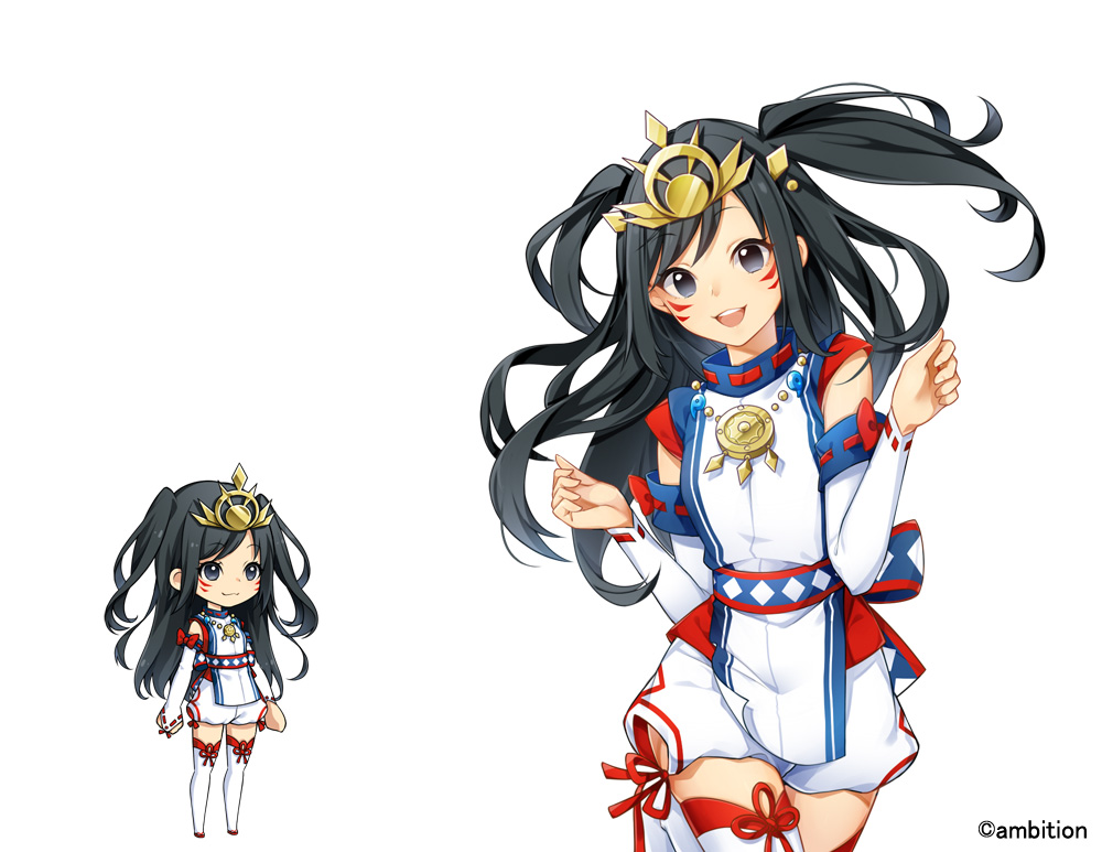 1girl :d aki_no_jikan arms_at_sides bangs black_eyes hair_ornament headpiece jewelry long_hair looking_at_viewer magatama maru-kichi medallion multiple_views necklace official_art open_mouth smile standing swept_bangs thigh-highs two_side_up v_arms watermark whisker_markings white_legwear