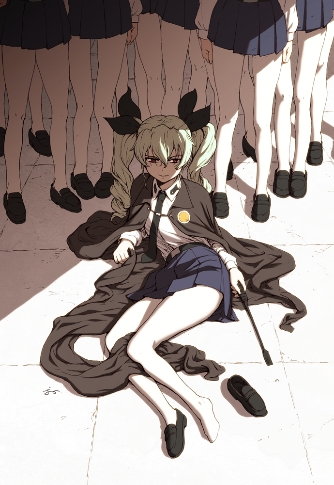 6+girls anchovy anzio_school_uniform artist_name bangs belt black_belt black_cape black_footwear black_neckwear black_ribbon black_skirt cape commentary dress_shirt drill_hair girls_und_panzer green_hair hair_ribbon holding loafers long_hair long_sleeves looking_at_viewer lying miniskirt multiple_girls necktie on_ground on_side oono_tsutomu pantyhose parted_lips pleated_skirt red_eyes revision ribbon riding_crop school_uniform shadow shirt shoe_removed shoes signature skirt smirk solo_focus twin_drills twintails white_legwear white_shirt wing_collar