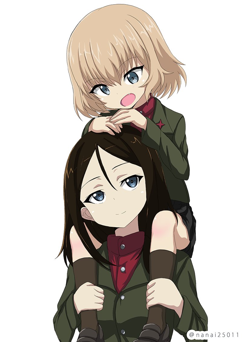 1girl bangs black_footwear black_hair black_legwear black_skirt blonde_hair blue_eyes closed_mouth commentary emblem eyebrows_visible_through_hair fang girls_und_panzer green_jacket hands_on_another's_head jacket katyusha loafers long_hair long_sleeves looking_at_another looking_back miniskirt nonna open_mouth pleated_skirt pravda_school_uniform red_shirt school_uniform shibagami shirt shoes short_hair simple_background skirt smile socks solo standing swept_bangs turtleneck twitter_username white_background