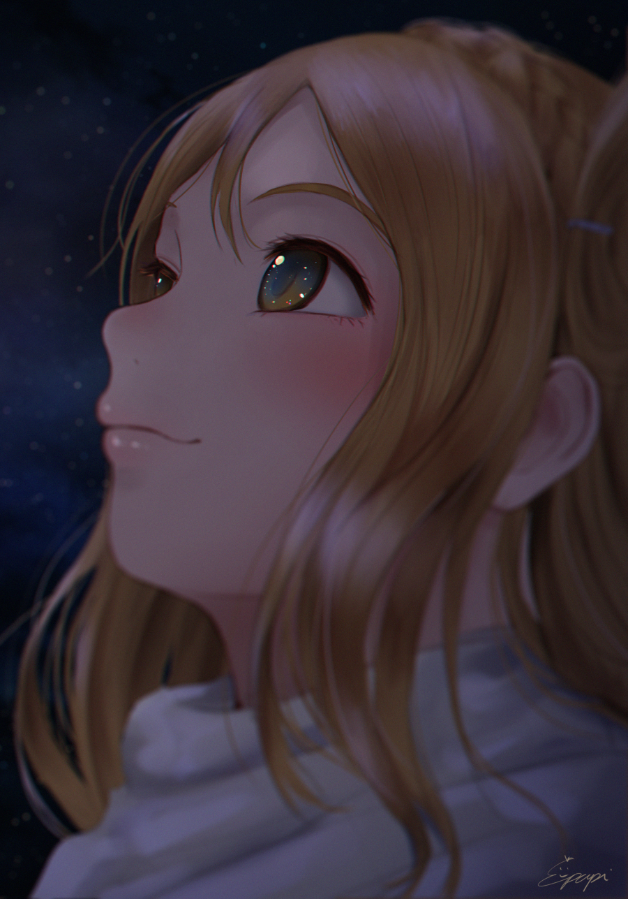 1girl blurry blush braid brown_eyes brown_hair close-up closed_mouth crown_braid depth_of_field face highres long_hair looking_away looking_up love_live! love_live!_sunshine!! night night_sky ohara_mari outdoors papi_(papiron100) portrait reflective_eyes scarf signature sky smile solo tareme white_scarf