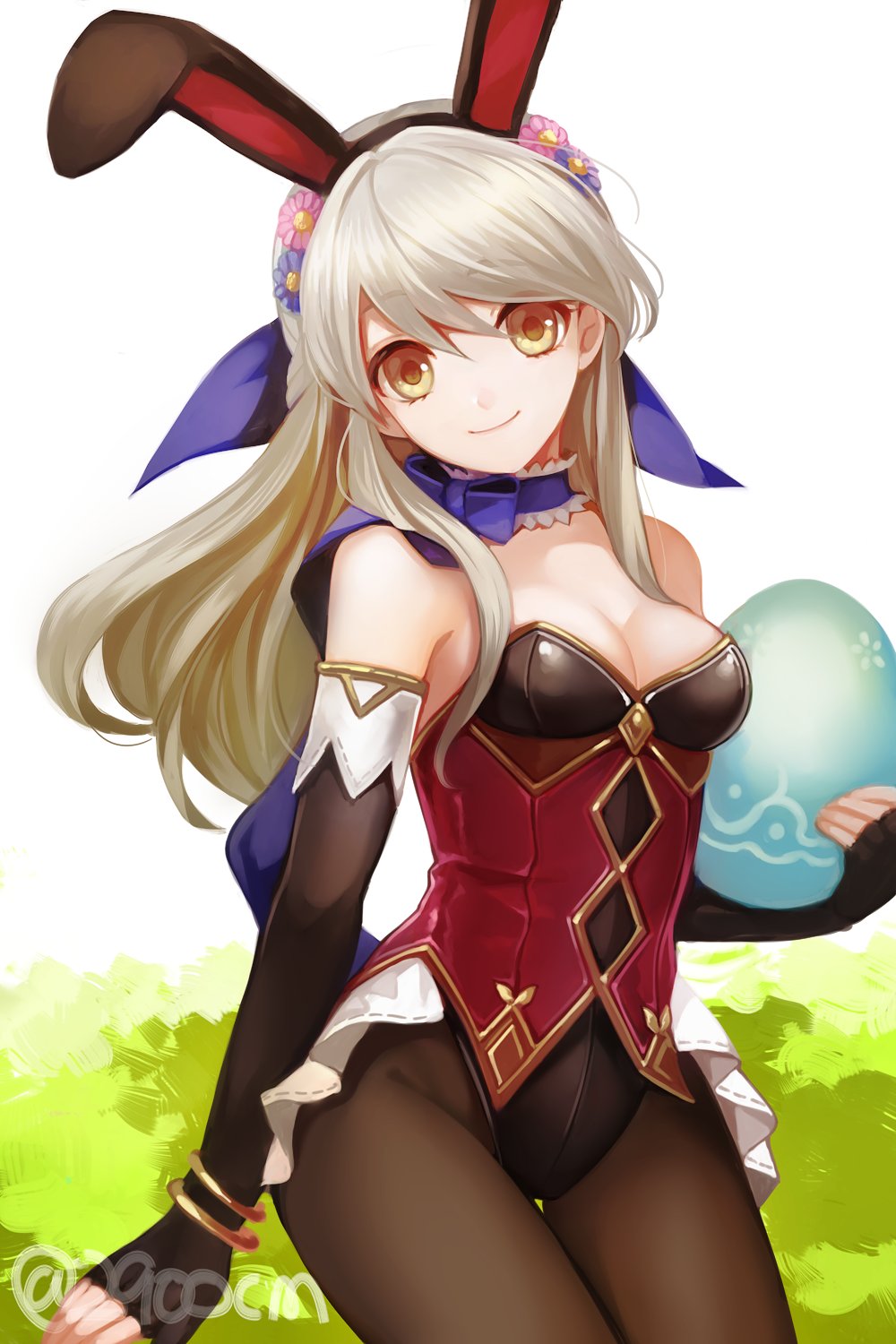 1girl 2900cm animal_ears bare_shoulders black_gloves blue_scarf blush bracelet bunny_girl bunny_tail bunnysuit detached_collar egg elbow_gloves fake_animal_ears fingerless_gloves fire_emblem fire_emblem:_akatsuki_no_megami fire_emblem_heroes gloves highres jewelry looking_at_viewer micaiah rabbit_ears scarf silver_hair solo tail yellow_eyes