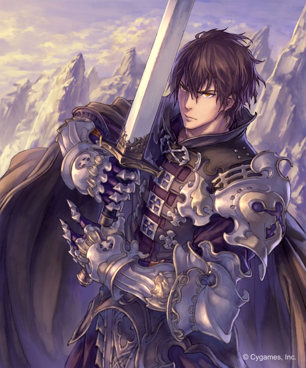 1boy brown_hair clouds cloudy_sky day gauntlets hair_between_eyes highres hisakata_souji holding holding_sword holding_weapon mountain orange_eyes outdoors shadowverse sky solo spaulders standing sword weapon