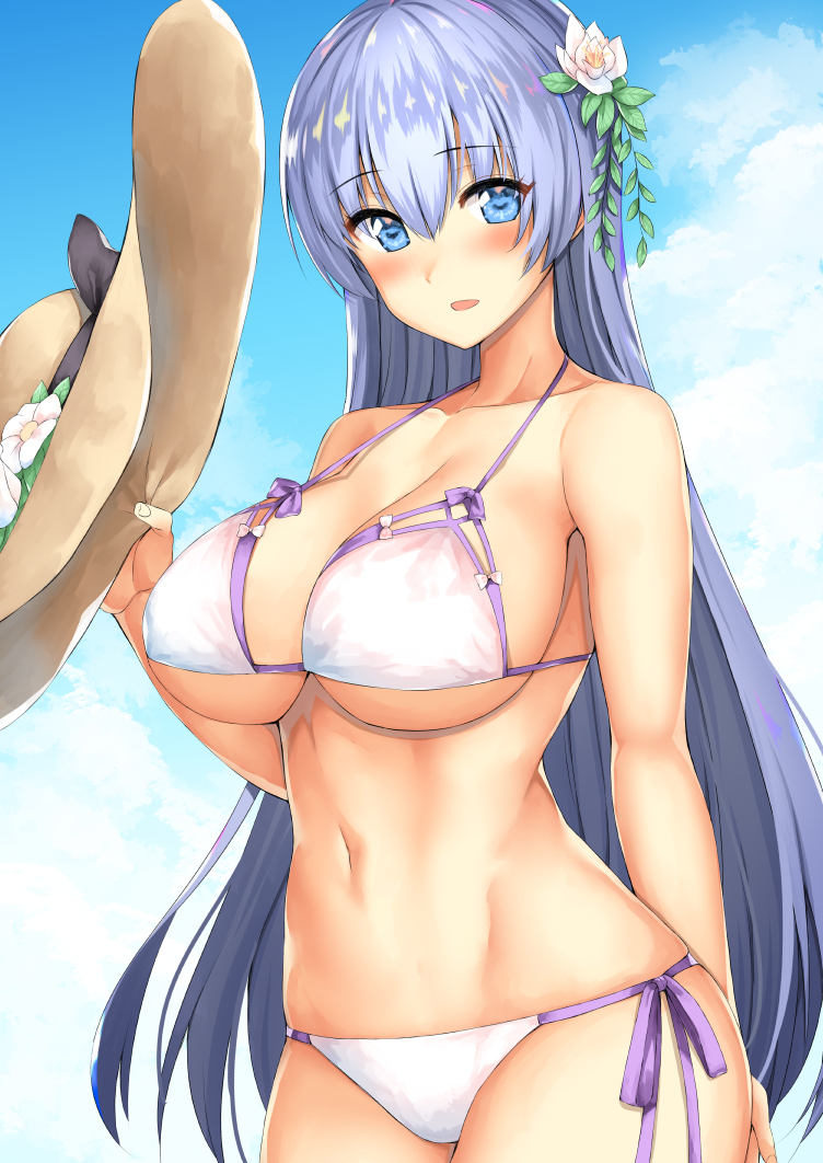 1girl :d azur_lane bikini blue_eyes blue_hair blue_sky body_mahattaya_ginga breasts cleavage clouds cloudy_sky collarbone flower hair_flower hair_ornament hat hat_removed headwear_removed holding large_breasts long_hair looking_at_viewer navel open_mouth rodney_(azur_lane) rose sky smile solo sun_hat swimsuit twitter_username under_boob white_bikini