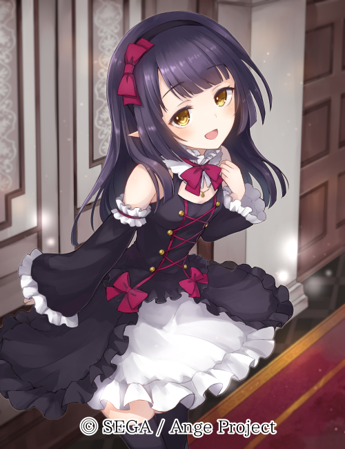 1girl ange_vierge black_hair black_legwear blush bow brown_eyes detached_sleeves door flat_chest hair_bow hairband hand_up indoors long_hair looking_at_viewer macaron_marinere official_art pointy_ears red_bow red_carpet shamonor solo standing thigh-highs watermark