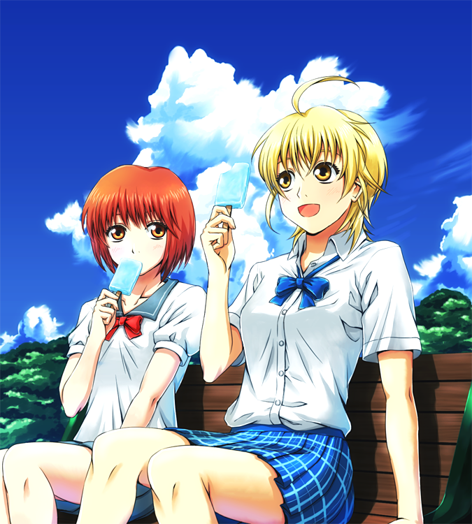 2girls ahoge anibache arm_support baby_steps bench blue_neckwear blue_skirt blue_sky bow bowtie clouds cloudy_sky collared_shirt commentary_request day dress_shirt food holding holding_food looking_at_another loose_bowtie miniskirt mouth_hold multiple_girls open_mouth outdoors pleated_skirt popsicle red_eyes red_neckwear redhead school_uniform shimizu_aki_(baby_steps) shirt short_hair short_sleeves skirt sky smile takasaki_natsu unbuttoned white_shirt wing_collar yellow_eyes