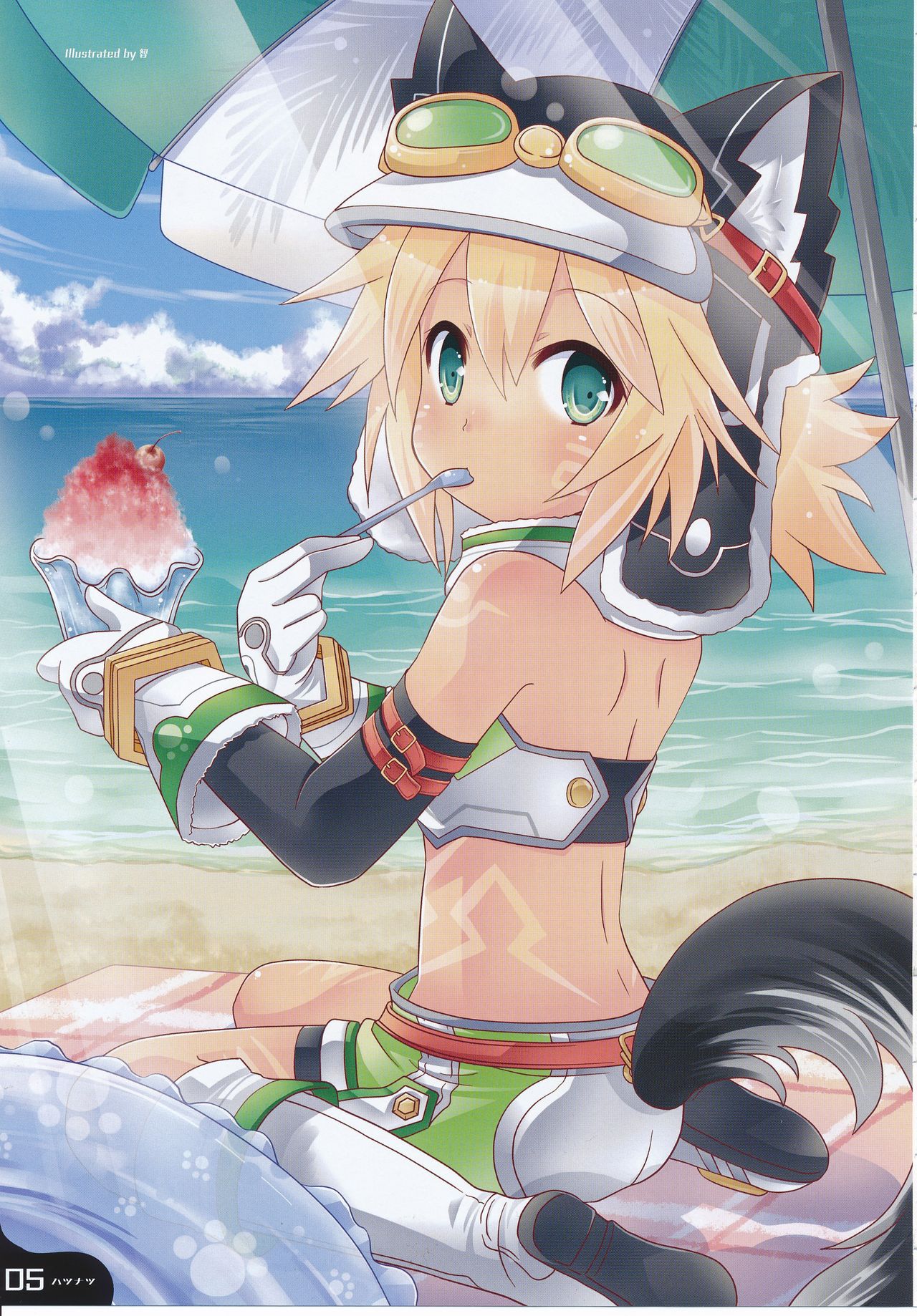 1girl animal_ears beach blonde_hair cyberconnect2_(choujigen_game_neptune) gloves green_eyes hat highres innertube kami_jigen_game_neptune_v looking_back neptune_(series) shaved_ice sitting solo spoon tail tomo_(tomobeya) umbrella wariza