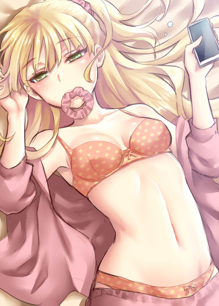 1girl bare_shoulders bed_sheet blonde_hair bra breasts cellphone cleavage collarbone green_eyes hair_ornament hair_scrunchie half-closed_eyes holding holding_phone idolmaster idolmaster_cinderella_girls jougasaki_rika long_hair long_sleeves looking_at_viewer lying mouth_hold navel off_shoulder on_back one_side_up open_clothes open_shirt orange_bra orange_panties panties phone pink_scrunchie pink_shirt polka_dot polka_dot_bra polka_dot_panties random_(ningen_modoki) scrunchie scrunchie_removed shirt shorts shorts_pull smartphone smile solo stomach tsurime tying_hair underwear upper_body