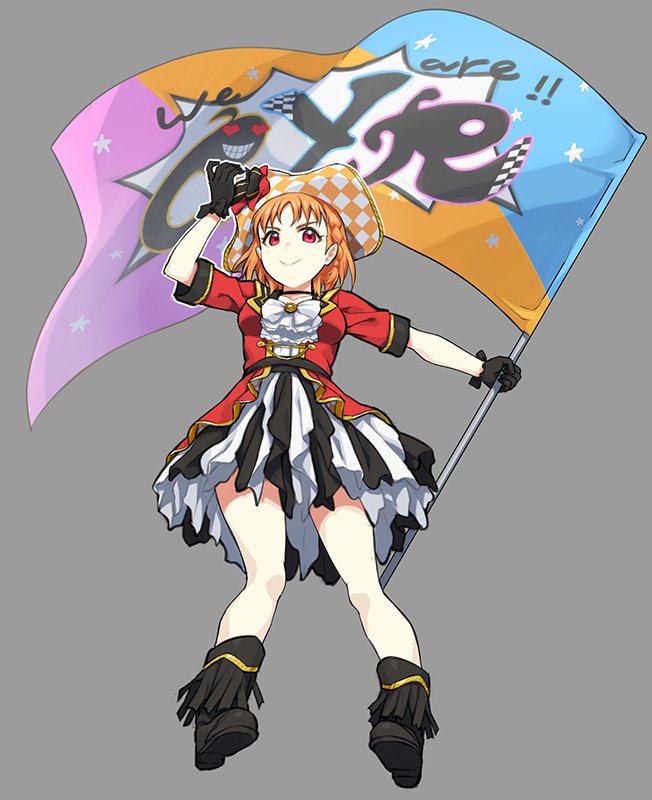&gt;:) 1girl bangs black_footwear black_gloves boots bow bowtie braid checkered checkered_hat chu_kai_man commentary_request flag fringe full_body gloves grey_background hand_on_headwear hat hat_bow holding holding_flag jacket kinmirai_happy_end looking_at_viewer love_live! love_live!_sunshine!! orange_hair red_eyes short_hair short_sleeves side_braid simple_background skirt solo takami_chika v-shaped_eyebrows white_neckwear