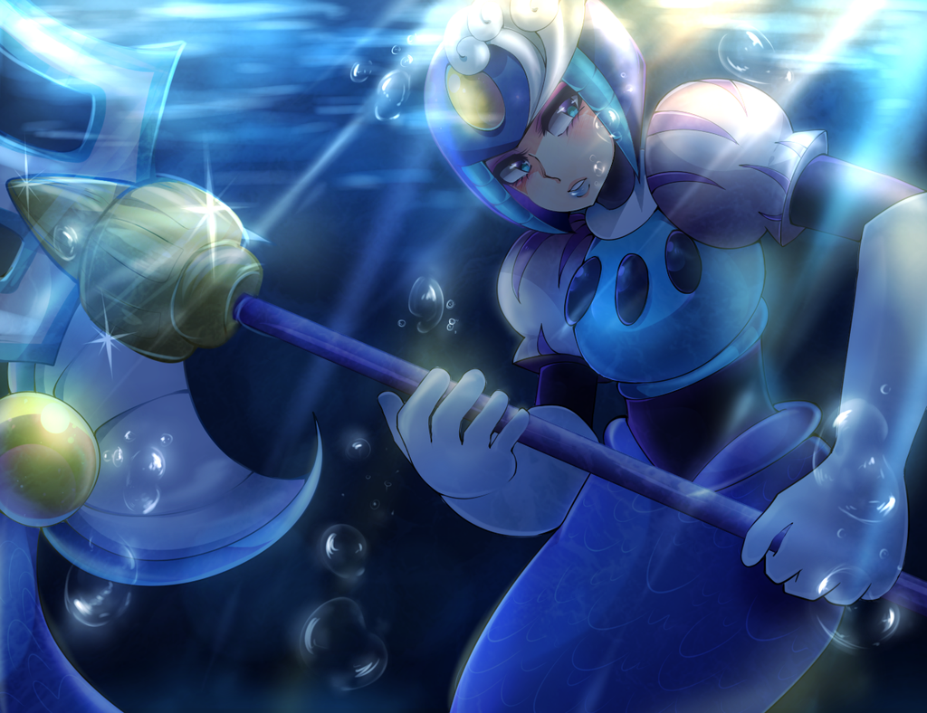 1girl android blue_eyes blue_lipstick blush bubble capcom chocoriina deviantart_sample elbow_gloves eyeshadow fish_tail gloves helmet holding holding_weapon image_sample lips lipstick makeup mermaid monster_girl polearm rockman rockman_(classic) rockman_9 solo spear splash_woman tail underwater water weapon white_gloves