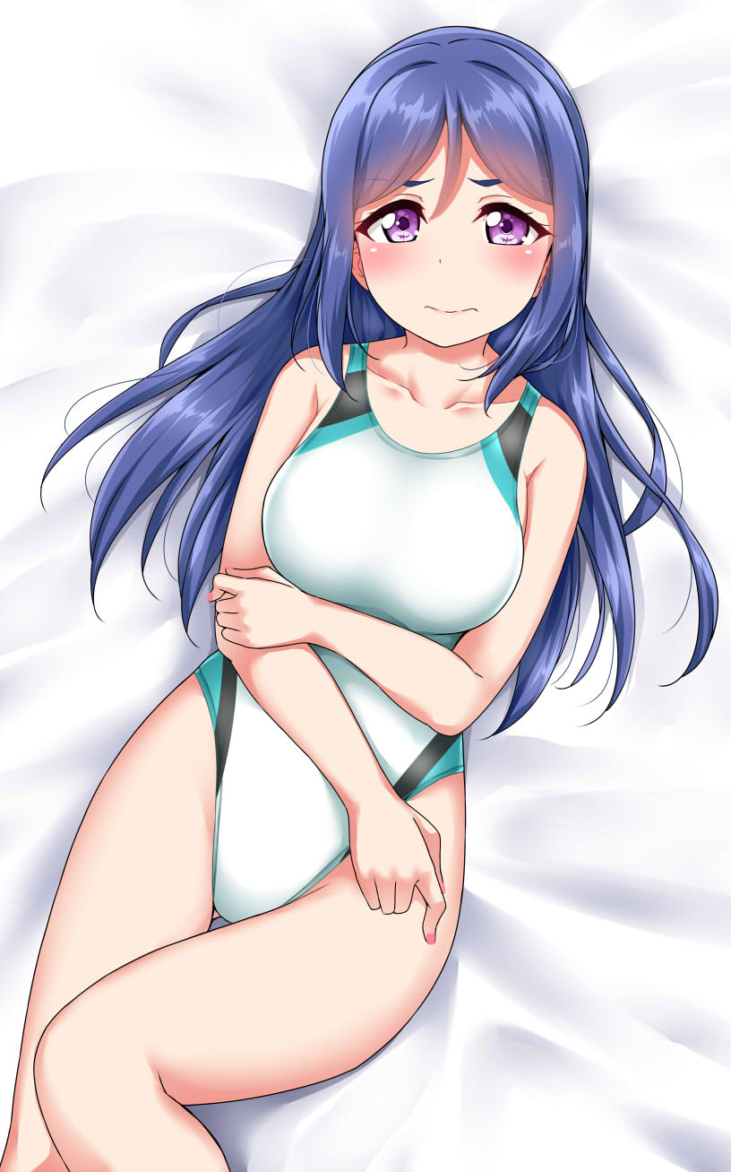 1girl bed_sheet blue_hair blush collarbone commentary_request hair_down hand_on_own_arm highres long_hair looking_at_viewer love_live! love_live!_sunshine!! lying matsuura_kanan nail_polish on_back one-piece_swimsuit pink_nails solo swimsuit thigh_gap violet_eyes yopparai_oni