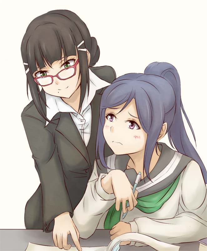 2girls bangs bent_elbows blazer blunt_bangs blush blush_stickers book brown_blazer brown_hair closed_mouth commentary_request glasses green_eyes jacket ken_(kenta1922) kurosawa_dia long_hair long_sleeves looking_at_viewer love_live! love_live!_sunshine!! matsuura_kanan multiple_girls purple_hair school_uniform shirt short_hair sitting standing twintails violet_eyes white_background white_shirt