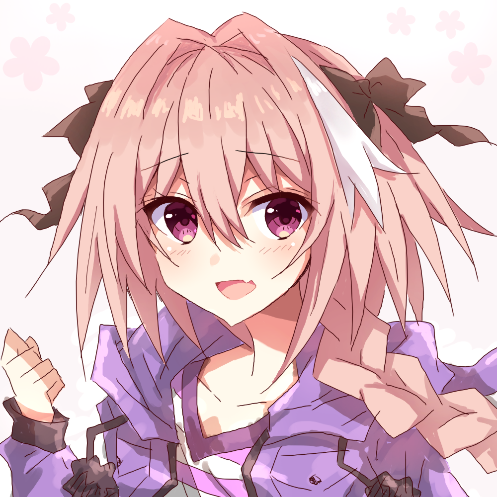 1boy :d animal_hood astolfo_(fate) bangs black_bow blush bow braid bunny_hood clenched_hand collarbone commentary_request eyebrows_visible_through_hair eyelashes fang fate/apocrypha fate_(series) floral_background hair_between_eyes hair_bow hair_intakes hair_over_shoulder hand_up hood hood_down hooded_jacket horizontal-striped_shirt horizontal_stripes jacket long_hair long_sleeves looking_at_viewer male_focus multicolored_hair open_mouth pink_background pink_hair pom_pom_(clothes) purple_jacket purple_shirt raised_eyebrows risei_jouhatsushita_ponco shirt simple_background single_braid smile solo streaked_hair striped trap two-tone_hair upper_body v-neck violet_eyes white_hair