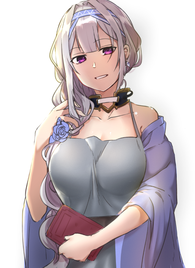 1girl book breasts cleavage dress hand_in_hair headband long_hair looking_at_viewer open_mouth original purple_dress violet_eyes white_hair xiu_jiayihuizi